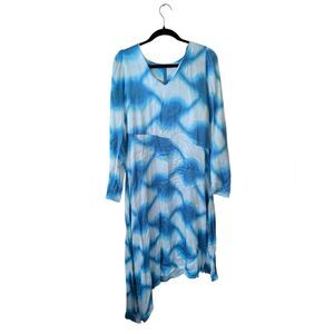Cecilie Copenhagen Gillian Watercolor Blue White Satin Asymmetric Dress Size L